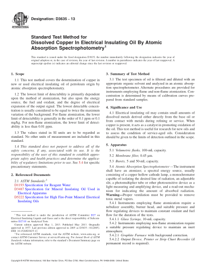 ASTM D3635-2013用原子吸收分光光度法測(cè)定電絕緣油中溶解銅的測(cè)試方法Standard Test Method for Dissolved Copper In Electrical Insulating Oil By Atomic Absorption Spectrophotometry