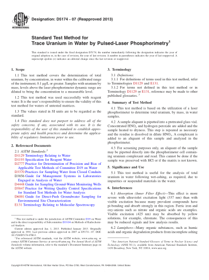 ASTM D5174-2007(2013)用脈沖-激光磷光光度法測(cè)定水中痕量鈾的試驗(yàn)方法Standard Test Method for Trace Uranium in Water by Pulsed-Laser Phosphorimetry