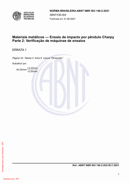 ABNT NBR ISO 148-2-2021/Errata 1-2021