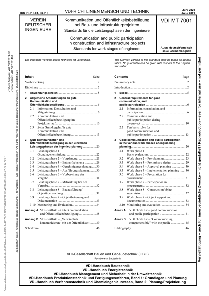 VDI-MT 7001-2021Communication and public participation in construction and infrastructure projects - Standards for work stages of engineers