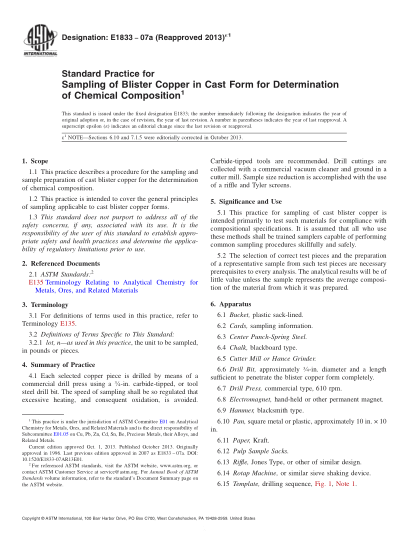 ASTM E1833-2007a(2013)e1Standard Practice for Sampling of Blister Copper in Cast Form for Determination of Chemical Composition
