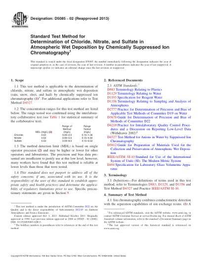 ASTM D5085-2002(2013)Standard Test Method for Determination of Chloride, Nitrate, and Sulfate in Atmospheric Wet Deposition by Chemically Suppressed Ion Chromatography