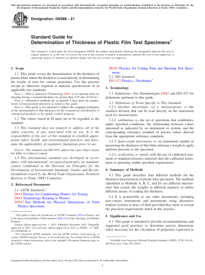 ASTM D6988-2021Standard Guide for Determination of Thickness of Plastic Film Test Specimens