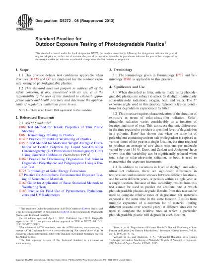 ASTM D5272-2008(2013)光降解塑料室外暴露測試規(guī)程Standard Practice for Outdoor Exposure Testing of Photodegradable Plastics
