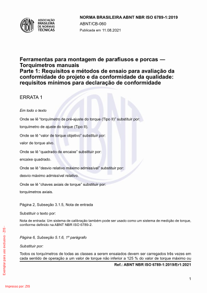 ABNT NBR ISO 6789-1-2019/Errata 1-2021