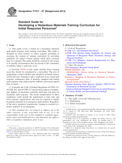 ASTM F1011-2007(2013)初期救援人員危險品培訓(xùn)課程制定指南Standard Guide for Developing a Hazardous Materials Training Curriculum for Initial Response Personnel
