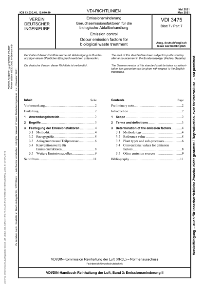 VDI 3475 Blatt 7-2021Emission control - Odour emission factors for biological waste treatment