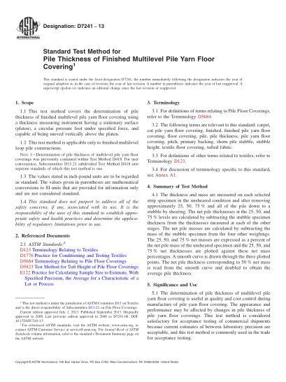 ASTM D7241-2013成品多層毛圈起絨地毯絨頭厚度試驗(yàn)方法Standard Test Method for Pile Thickness of Finished Multilevel Pile Yarn Floor Covering