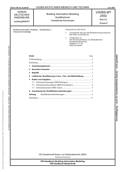 VDI/BS-MT 2552 Blatt 8.2-2021Building information modeling - Qualifications - Advanced knowledge