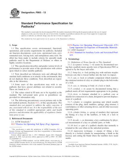 ASTM F883-2013掛鎖性能規(guī)范Standard Performance Specification for Padlocks