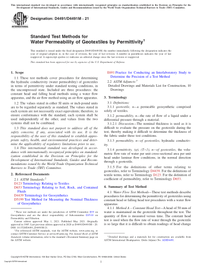 ASTM D4491/D4491M-2021Standard Test Methods for Water Permeability of Geotextiles by Permittivity