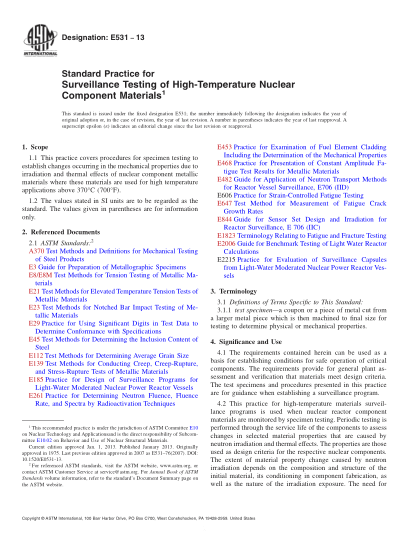 ASTM E531-2013高溫核組份材料的監(jiān)視試驗(yàn)的標(biāo)準(zhǔn)規(guī)程Standard Practice for Surveillance Testing of High-Temperature Nuclear Component Materials