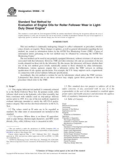 ASTM D5966-2013評(píng)定輕型柴油機(jī)中滾子從動(dòng)件磨損用發(fā)動(dòng)機(jī)油的試驗(yàn)方法Standard Test Method for Evaluation of Engine Oils for Roller Follower Wear in Light-Duty Diesel Engine