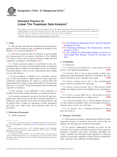 ASTM F1016-2007(2013)e1Standard Practice for Linear Tire Treadwear Data Analysis
