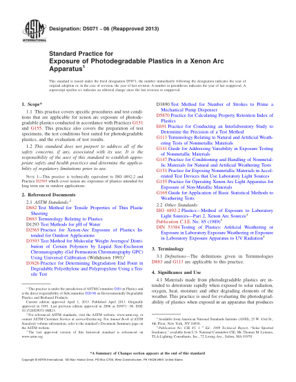 ASTM D5071-2006(2013)可光降解塑料在氙弧光曝光儀下曝露規(guī)程Standard Practice for Exposure of Photodegradable Plastics in a Xenon Arc Apparatus