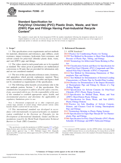 ASTM F2390-2021Standard Specification for Poly(Vinyl Chloride) (PVC) Plastic Drain, Waste, and Vent (DWV) Pipe and Fittings Having Post-Industrial Recycle Content