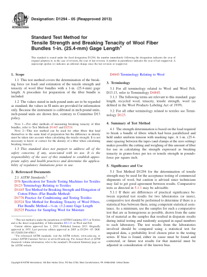 ASTM D1294-2005(2013)1英寸(25.4-mm)測量長度內(nèi)羊毛纖維束抗拉強(qiáng)度和斷裂強(qiáng)度試驗(yàn)方法Standard Test Method for Tensile Strength and Breaking Tenacity of Wool Fiber Bundles 1-in. (25.4-mm) Gage Length
