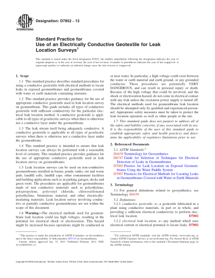 ASTM D7852-2013為調(diào)查滲漏位置運用導(dǎo)電性土工織物的規(guī)程Standard Practice for Use of an Electrically Conductive Geotextile for Leak Location Surveys