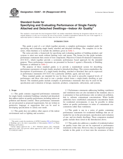 ASTM E2267-2004(2013)單戶聯(lián)體住宅和獨(dú)立住宅室內(nèi)空氣質(zhì)量性能規(guī)定及評(píng)定規(guī)程Standard Guide for Specifying and Evaluating Performance of Single Family Attached and Detached Dwellings-Indoor Air Quality