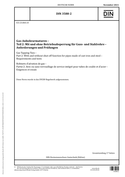 DIN 3588-2-2021Gas Tapping Tees - Part 2: With and without shut-off function for pipes made of cast iron and steel - Requirements and tests