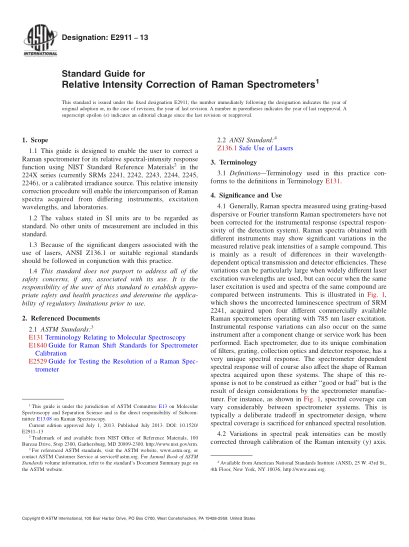 ASTM E2911-2013拉曼光譜儀相對強度修正指南Standard Guide for Relative Intensity Correction of Raman Spectrometers