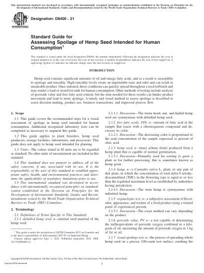 ASTM D8400-2021Standard Guide for Assessing Spoilage of Hemp Seed Intended for Human Consumption