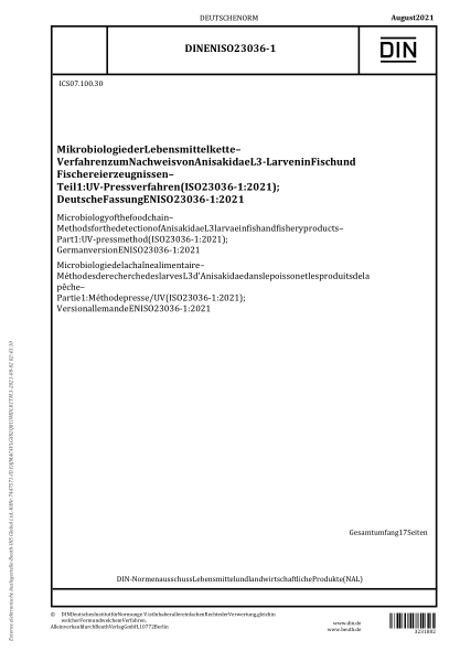 DIN EN ISO 23036-1-2021Microbiology of the food chain - Methods for the detection of Anisakidae L3 larvae in fish and fishery products - Part 1: UV-press method (ISO 23036-1:2021); German version EN ISO 23036-1:2021