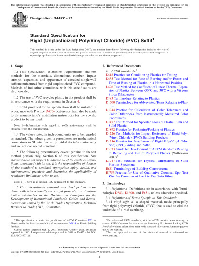 ASTM D4477-2021Standard Specification for Rigid (Unplasticized) Poly(Vinyl Chloride) (PVC) Soffit
