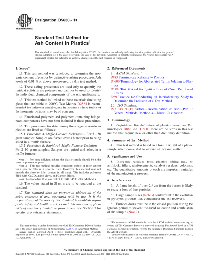 ASTM D5630-2013塑料中灰分含量的試驗(yàn)方法Standard Test Method for Ash Content in Plastics