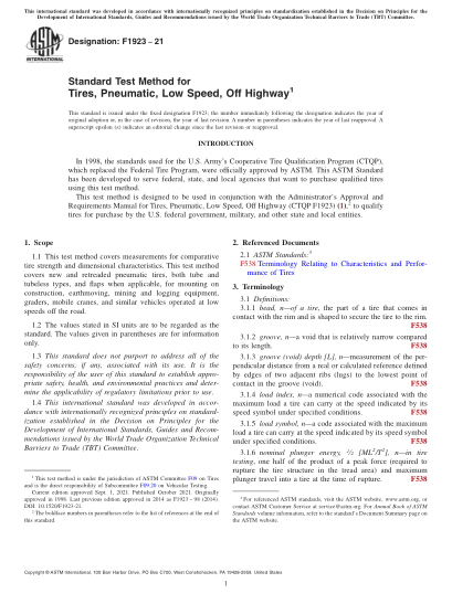 ASTM F1923-2021Standard Test Method for Tires, Pneumatic, Low Speed, Off Highway