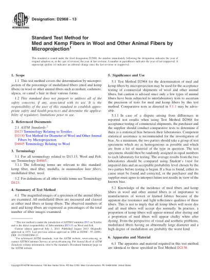 ASTM D2968-2013用顯微投影法測定羊毛和其他動物纖維中有髓纖維和死毛纖維的試驗方法Standard Test Method for Med and Kemp Fibers in Wool and Other Animal Fibers by Microprojection