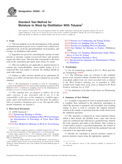 ASTM D2462-2013用甲苯蒸餾法測(cè)定羊毛中水份的試驗(yàn)方法Standard Test Method for Moisture in Wool by Distillation With Toluene