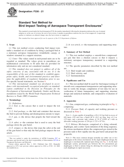 ASTM F330-2021Standard Test Method for Bird Impact Testing of Aerospace Transparent Enclosures