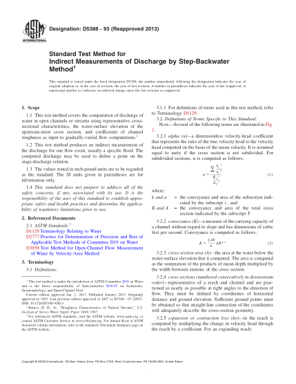 ASTM D5388-1993(2013)用回水步推法間接測量流水的試驗(yàn)方法Standard Test Method for Indirect Measurements of Discharge by Step-Backwater Method