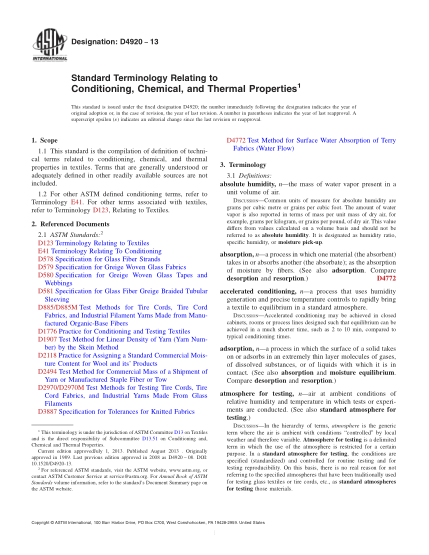 ASTM D4920-2013有關調節(jié) 化學和熱性能的術語Standard Terminology Relating to Conditioning,Chemical,and Thermal Properties