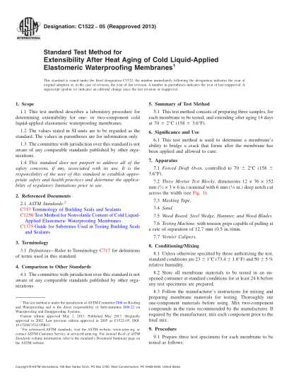 ASTM C1522-2005(2013)Standard Test Method for Extensibility After Heat Aging of Cold Liquid-Applied Elastomeric Waterproofing Membranes