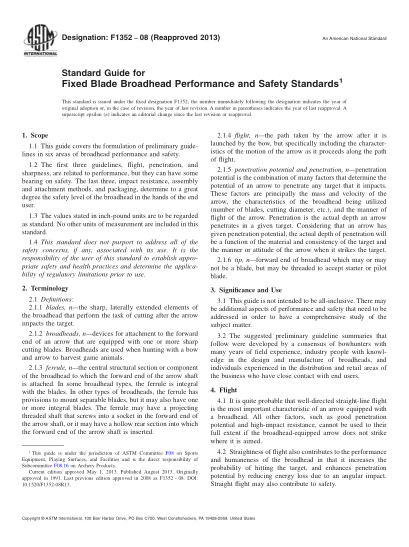 ASTM F1352-2008(2013)Standard Guide for Fixed Blade Broadhead Performance and Safety Standards