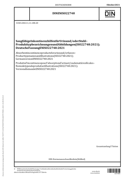 DIN EN ISO 22748-2021Absorbent incontinence products for urine and/or faeces - Product type names and illustrations (ISO 22748:2021); German version EN ISO 22748:2021