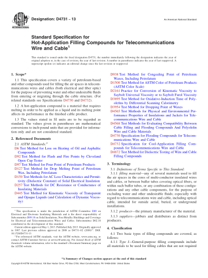 ASTM D4731-2013熱充填化合物的電信電線和電纜標(biāo)準(zhǔn)規(guī)格Standard Specification for Hot-Application Filling Compounds for Telecommunications Wire and Cable