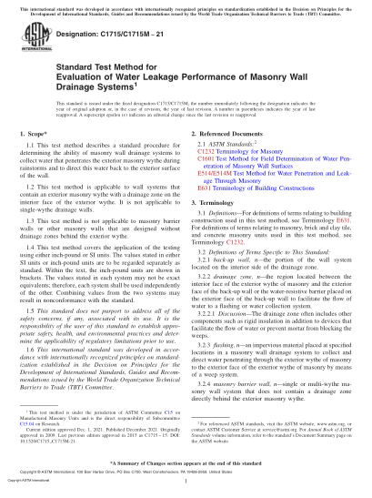 ASTM C1715/C1715M-2021Standard Test Method for Evaluation of Water Leakage Performance of Masonry Wall Drainage Systems