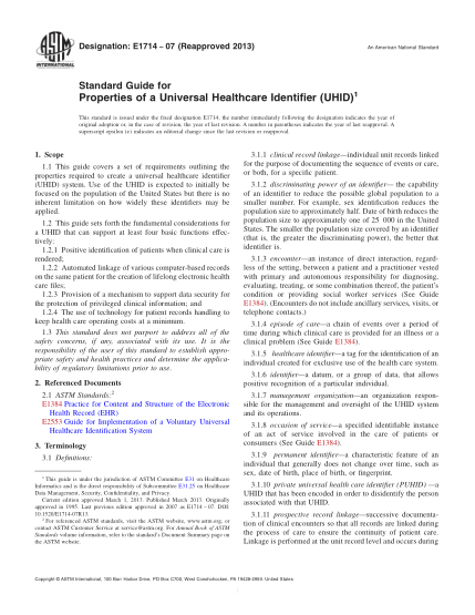 ASTM E1714-2007(2013)通用衛(wèi)生保健標(biāo)識符性能指南Standard Guide for Properties of a Universal Healthcare Identifier (UHID)
