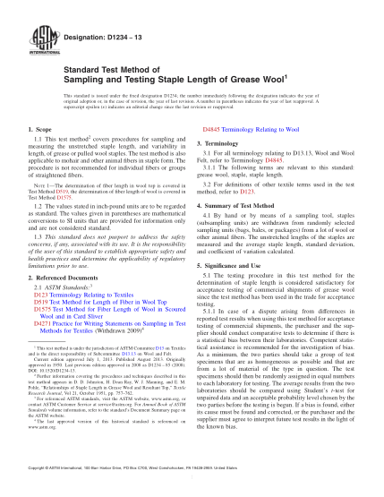 ASTM D1234-2013含脂毛毛長取樣及測試的試驗(yàn)方法Standard Test Method of Sampling and Testing Staple Length of Grease Wool