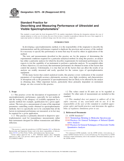 ASTM E275-2008(2013)描述和測量紫外線、可見光及近紅外線分光光度計性能的規(guī)程Standard Practice for Describing and Measuring Performance of Ultraviolet and Visible Spectrophotometers