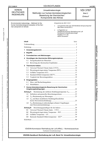 VDI 3787 Blatt 2-2021Environmental meteorology - Methods for the human biometeorological evaluation of the thermal component of climate