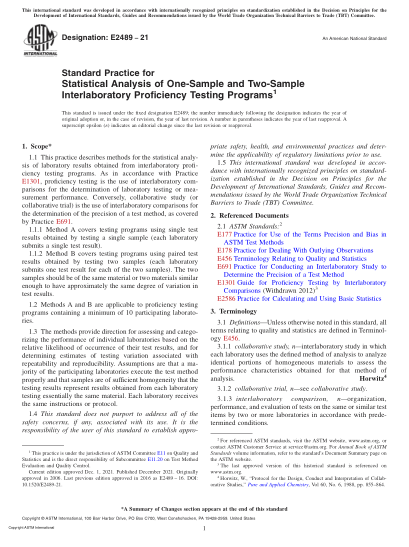 ASTM E2489-2021Standard Practice for Statistical Analysis of One-Sample and Two-Sample Interlaboratory Proficiency Testing Programs