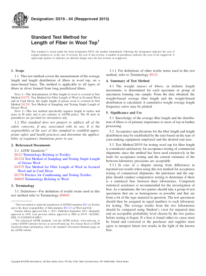 ASTM D519-2004(2013)Standard Test Method for Length of Fiber in Wool Top