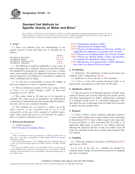 ASTM D1429-2013水與海水比重測試方法Standard Test Methods for Specific Gravity of Water and Brine