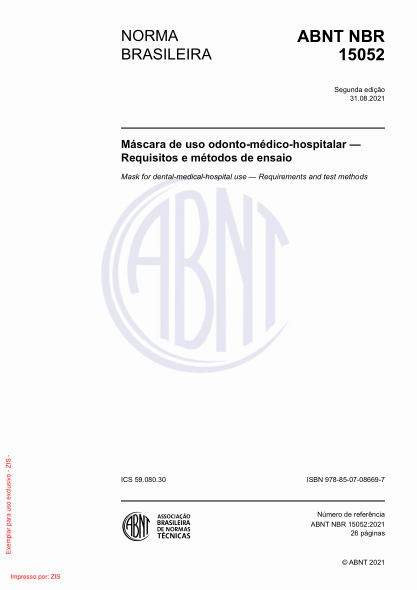 ABNT NBR 15052-2021Mask for dental-medical-hospital use - Requirements and test methods
