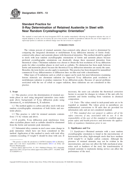 ASTM E975-2013近無規(guī)結晶取向鋼中殘留奧氏體的X射線測定規(guī)程Standard Practice for X-Ray Determination of Retained Austenite in Steel with Near Random Crystallographic Orientation