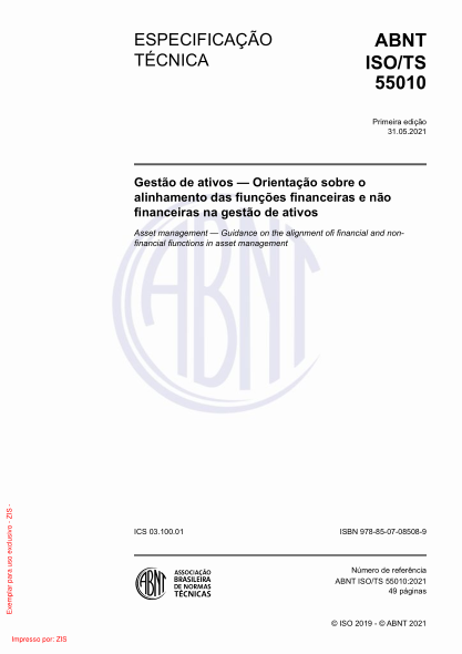 ABNT ISO/TS 55010-2021Asset management - Guidance on the alignment of financial and non-financial functions in asset management